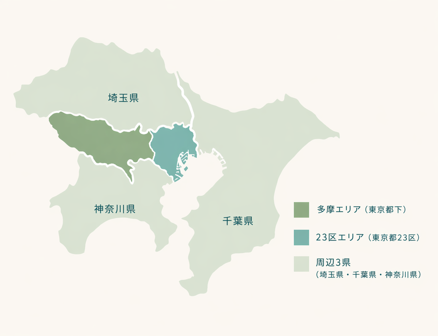 対応エリアマップ — 多摩エリア、東京23区、周辺3県（埼玉・千葉・神奈川）